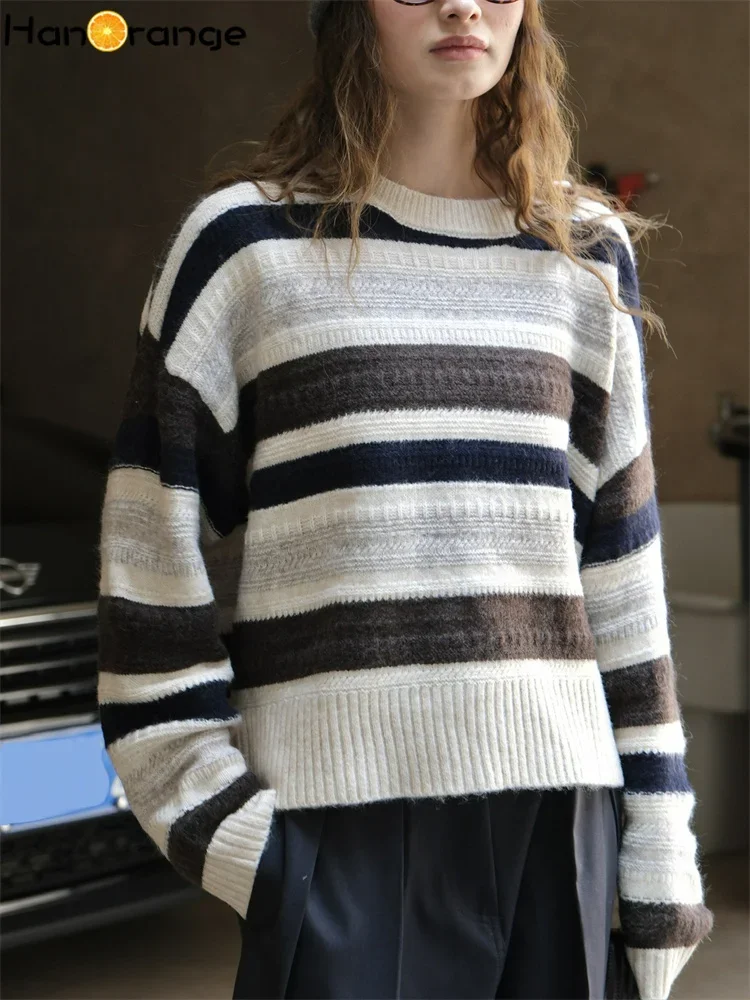 HanOrange 2024 Autumn Winter Gentle Retro Contrasting Striped Sweater Women Warm Skin Friendly Loose Knitting Top Yellow/Coffee