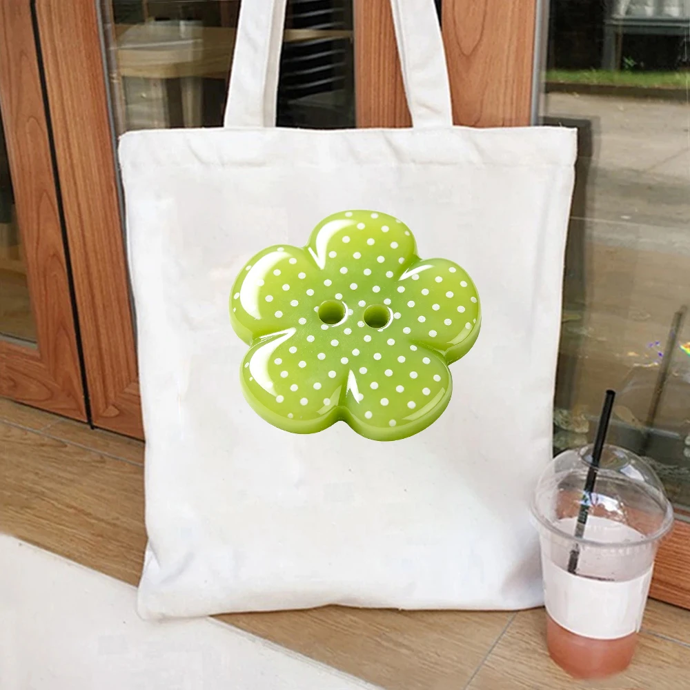 Green Polka Dot Flower Button Canvas Tote Bag Y2K Print Shoulder Bag