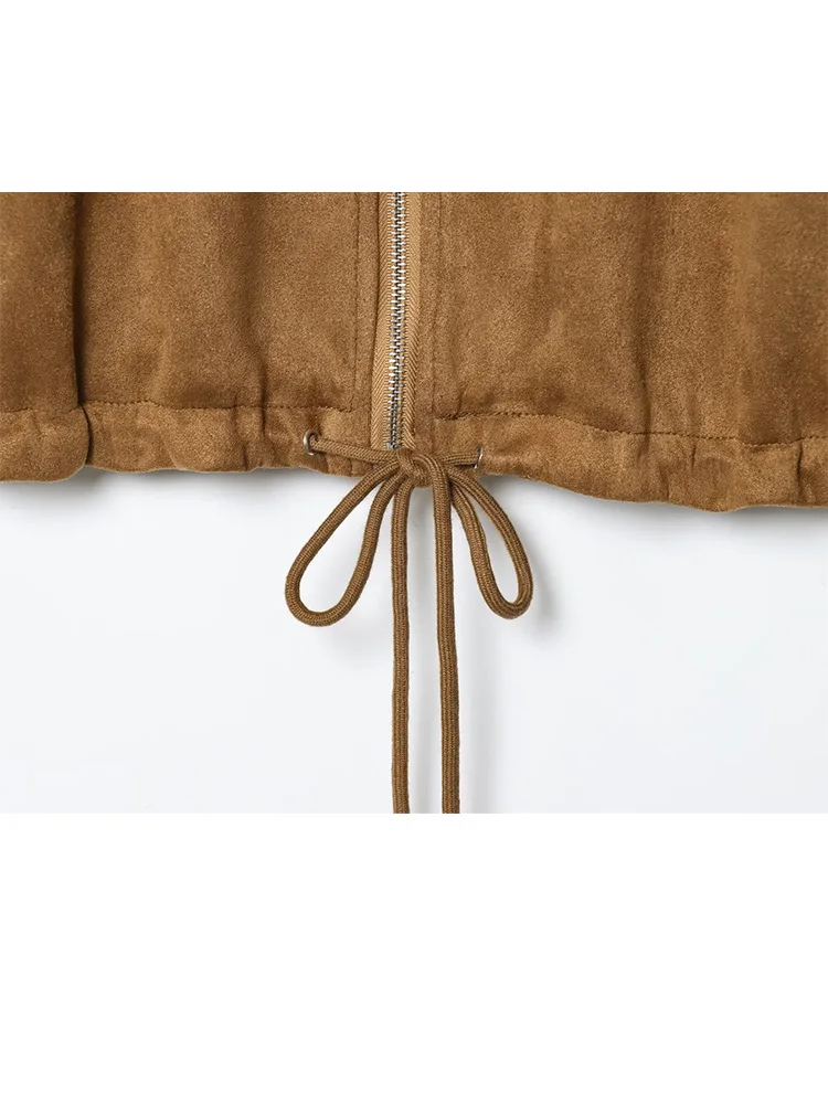 HH Women 2025 Fashion Vintage Lapel Suede Cloth Long Sleeve Coat Female Autumn Casual Hem Drawstring Waist Slimming Jacket