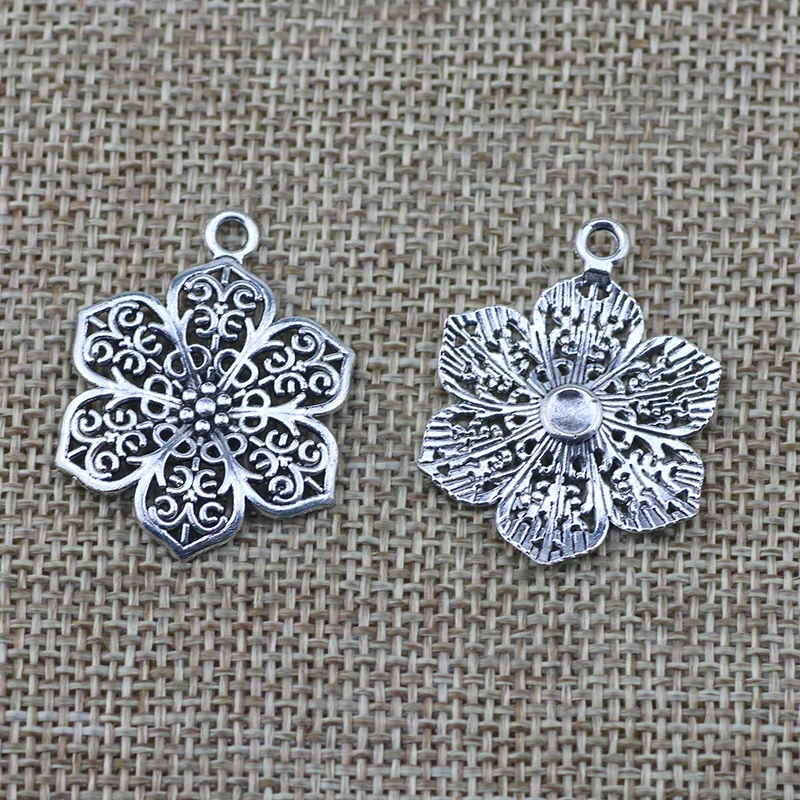 10Piece 24*32mm Antique Silver Plated  Hollow Flower Charm For Women DIY Necklace Making Retro Jewelry Pendant