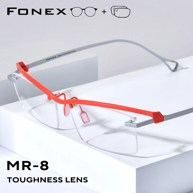 FONEX Progressive Prescription Eyeglasses Custom Myopia Optical Lens Eyewear Square Men Glasses Semi-Rimless Titanium Frame 5817