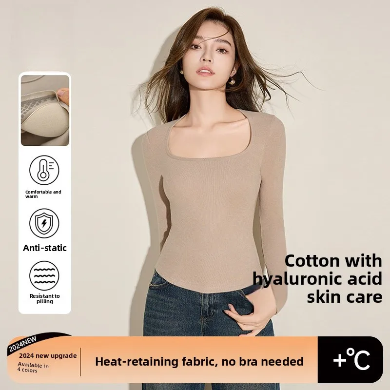 Thickened Fleece Lined Long Sleeve  Warm Top for Women with Chest Pad Self Heating Base Layer Shirt for Autumn And W...