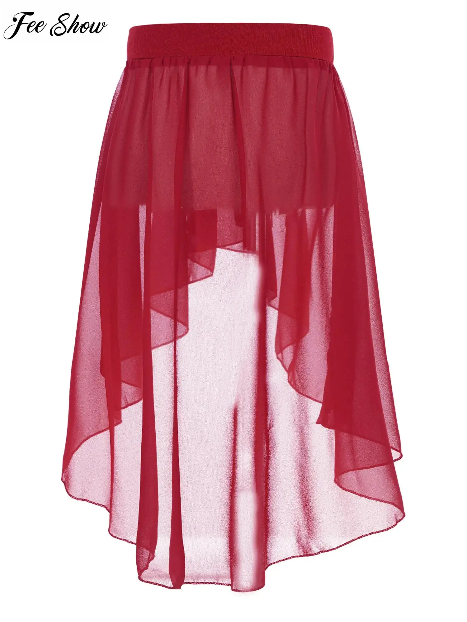 Kids Girls Chiffon High-Low Mini Skirt for Ballet Jazz Dance Wear Elastic Waistband Studio Practice stage Performance Costumes