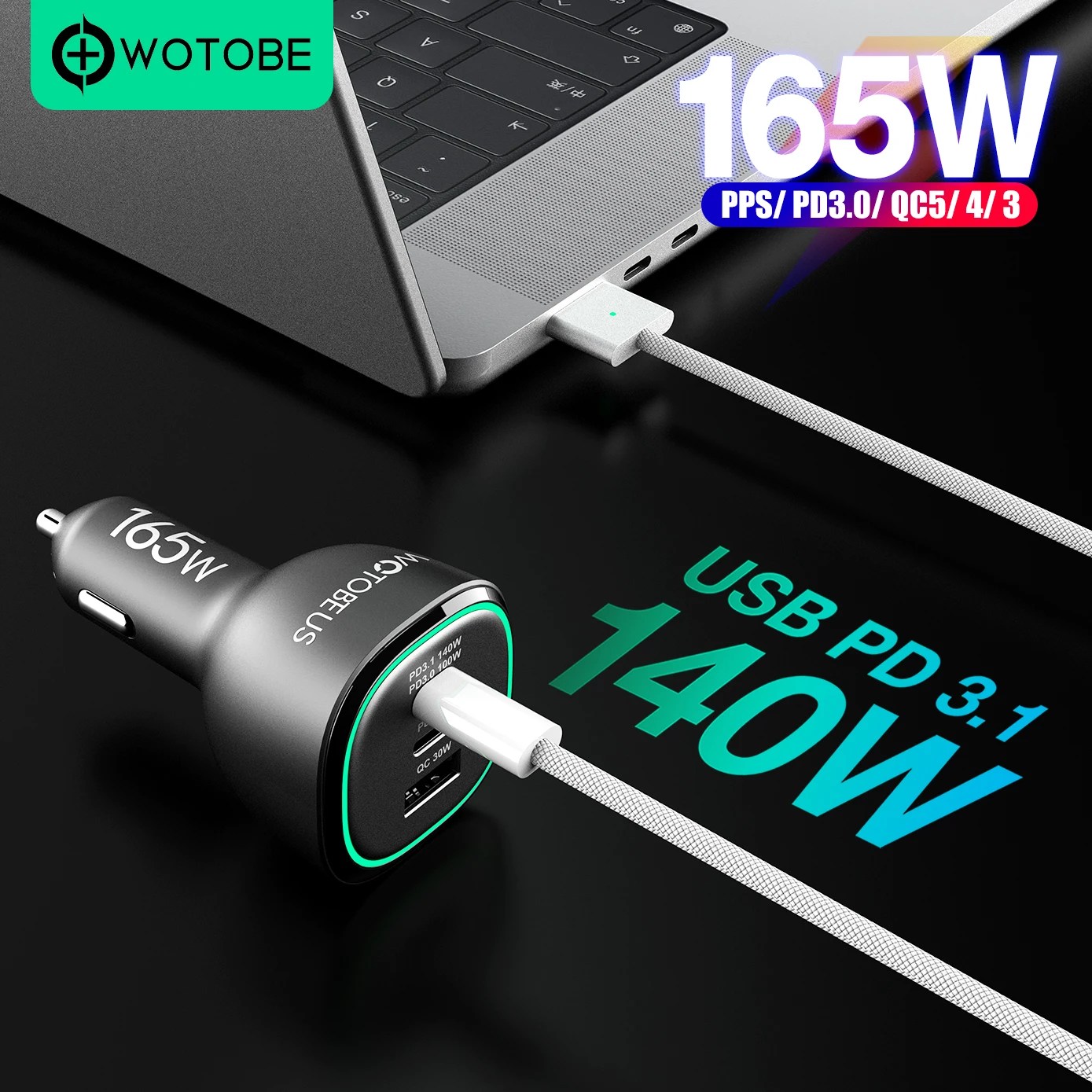 WOTOBEUS 3-Port Car Charger 140W USB C PD3.1 Fast Chargeing PD 100W PPS 65W 45W QC5 For MacBook iPad iPhone 14 Galaxy S22 Xiaomi