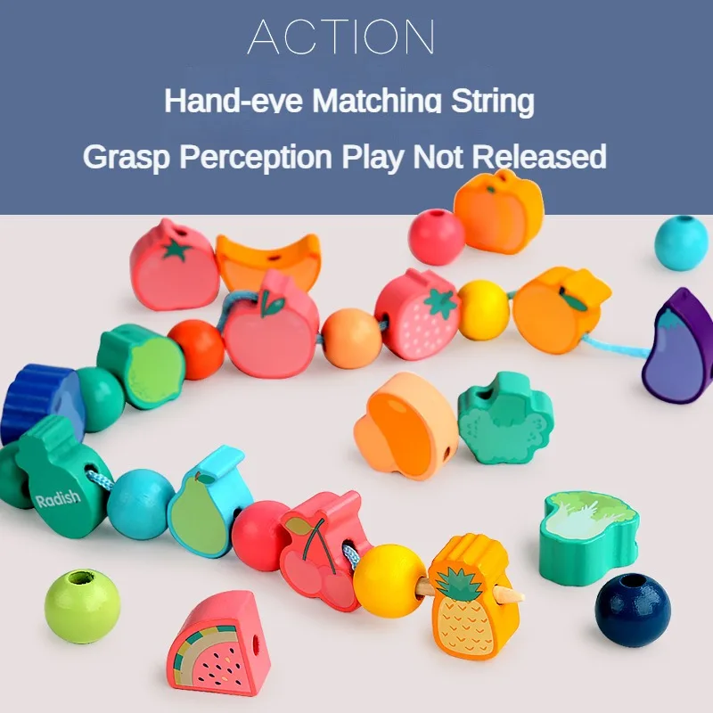 Montessori Wooden Beaded Toy Baby Thread Finger Flexibility Training Early Education Color Shape Digital Cognitive Puzzle Toy