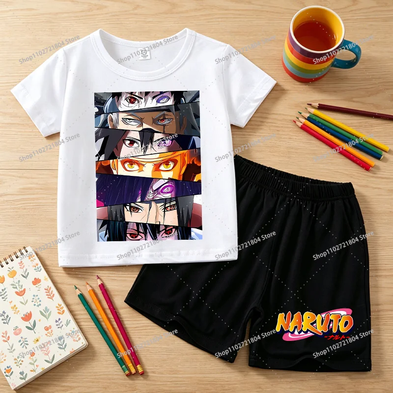 NARUTO 2pcs Sports T-shirt Shorts Set Anime Cartoon Printed Short-sleeved Top Pants Suit Children Summer Fashion Clothes Gifts