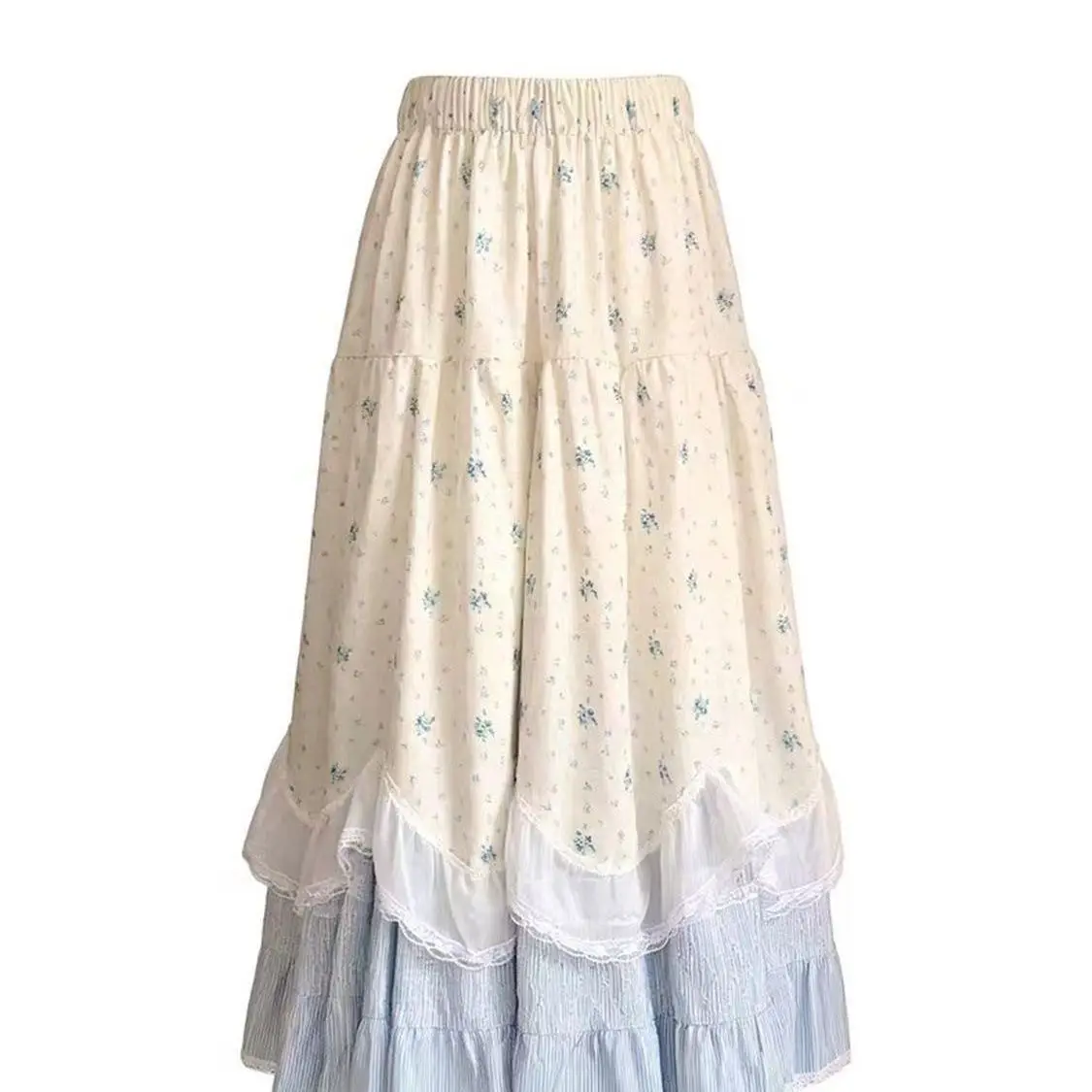 Ancient mixed skirt women's French sweet ins wind lace splicing floral elastic waist ruffle edge A-shaped long dress