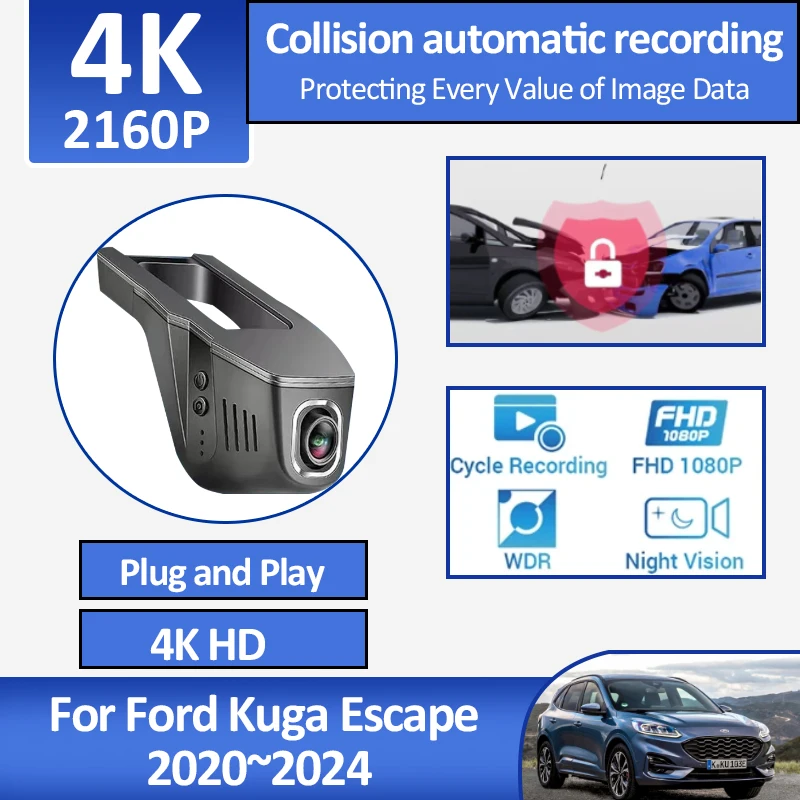 4K New Loop Video For Ford Kuga Escape 2020 2021 2022 2023 2024 CX482 Wide Angle HD Wide Angle Car Camera Black Box Accessories