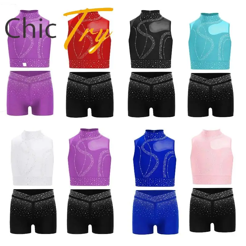 

Rhinestones Rhythmic Gymnastics Outfit Girls Ballet Dance Athletic Figure Skating Dance Costume Sleeveless Performance Dancewear