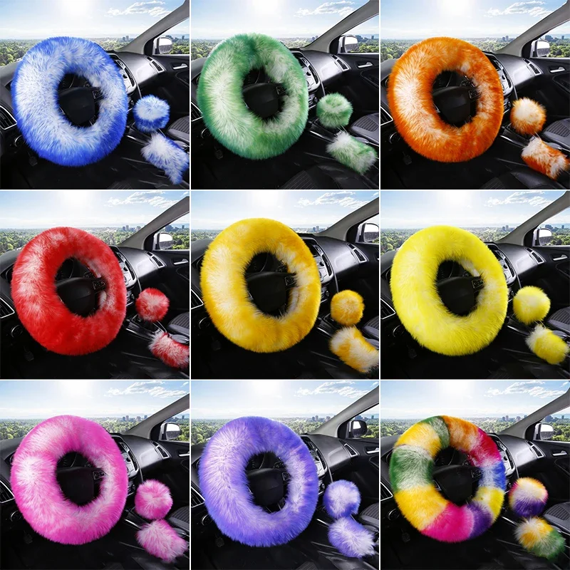 3PCS Set Real Wool Fur Soft Steering Wheel Covers Furry Long Hair Womens Winter Fashion Handle Cover Car Decoration Accessories