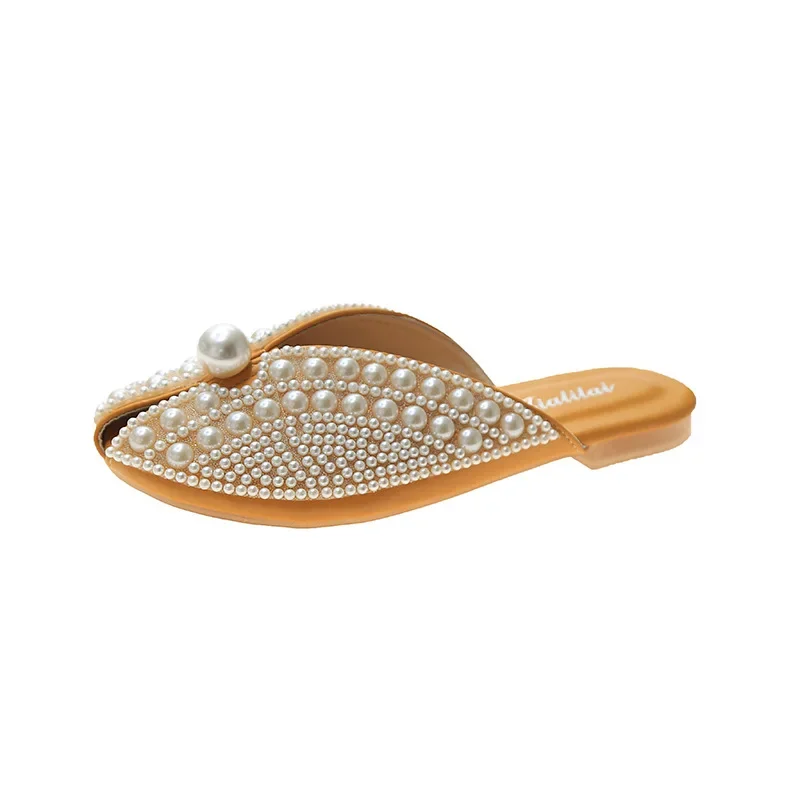 Ladies Bohemian Pearl Slippers Flat Sandals Summer Open Toe Ladies Shoes Crystal Flip Flops Wholesale 2023