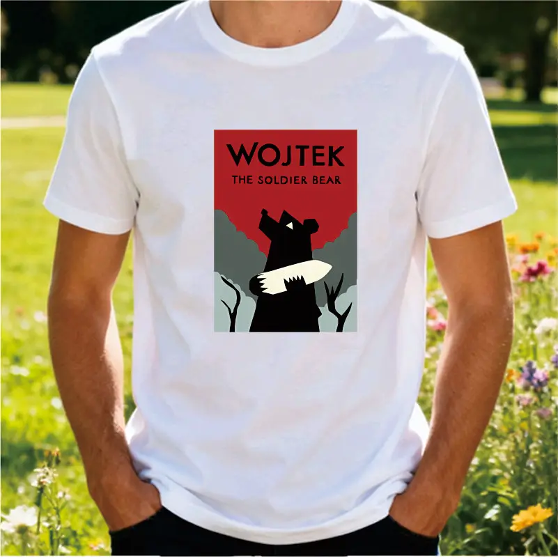 Vintage Art Style Wojtek Soldier Bear Printed T-shirt World War II Polish Brown Bear Creative Pattern Short Sleeve Top