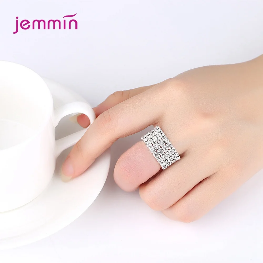 1-4 Rows Shiny Crystal Rings 925 Sterling Silver Bridal Wedding Rhinestone Elastic Stretch Style White Stone Rings for Women