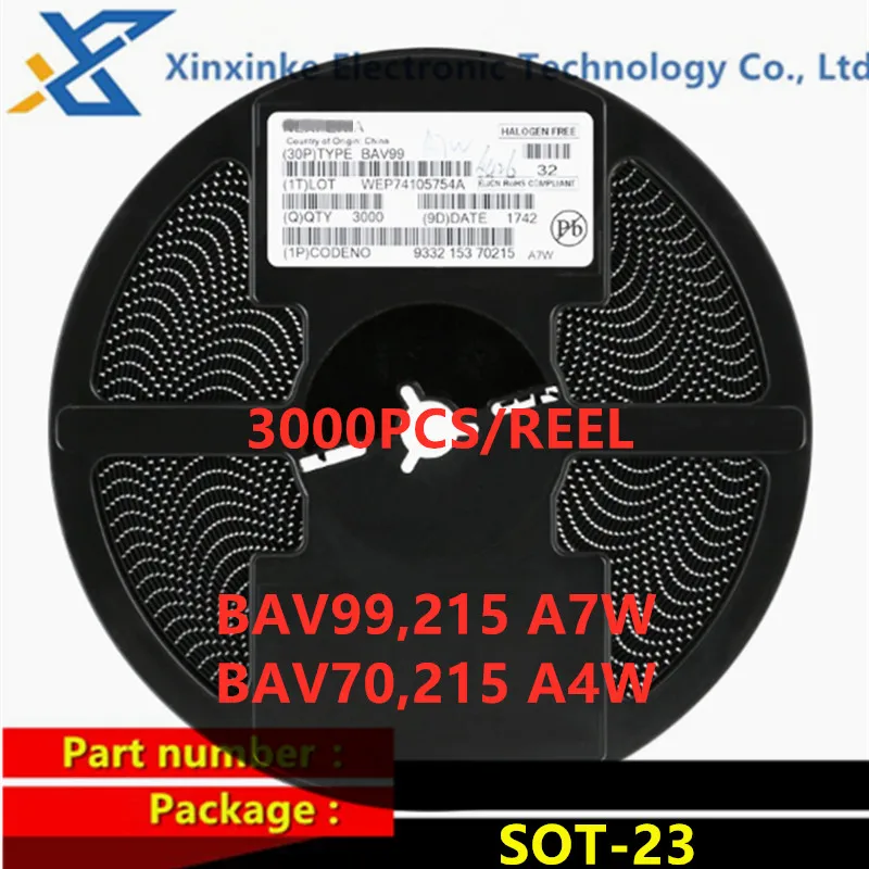 

3000PCS BAV99,215 BAV99 A7W BAV70,215 BAV70 A4W SOT-23 100V 215mA Switching Diode BJT Transistor Brand New Original