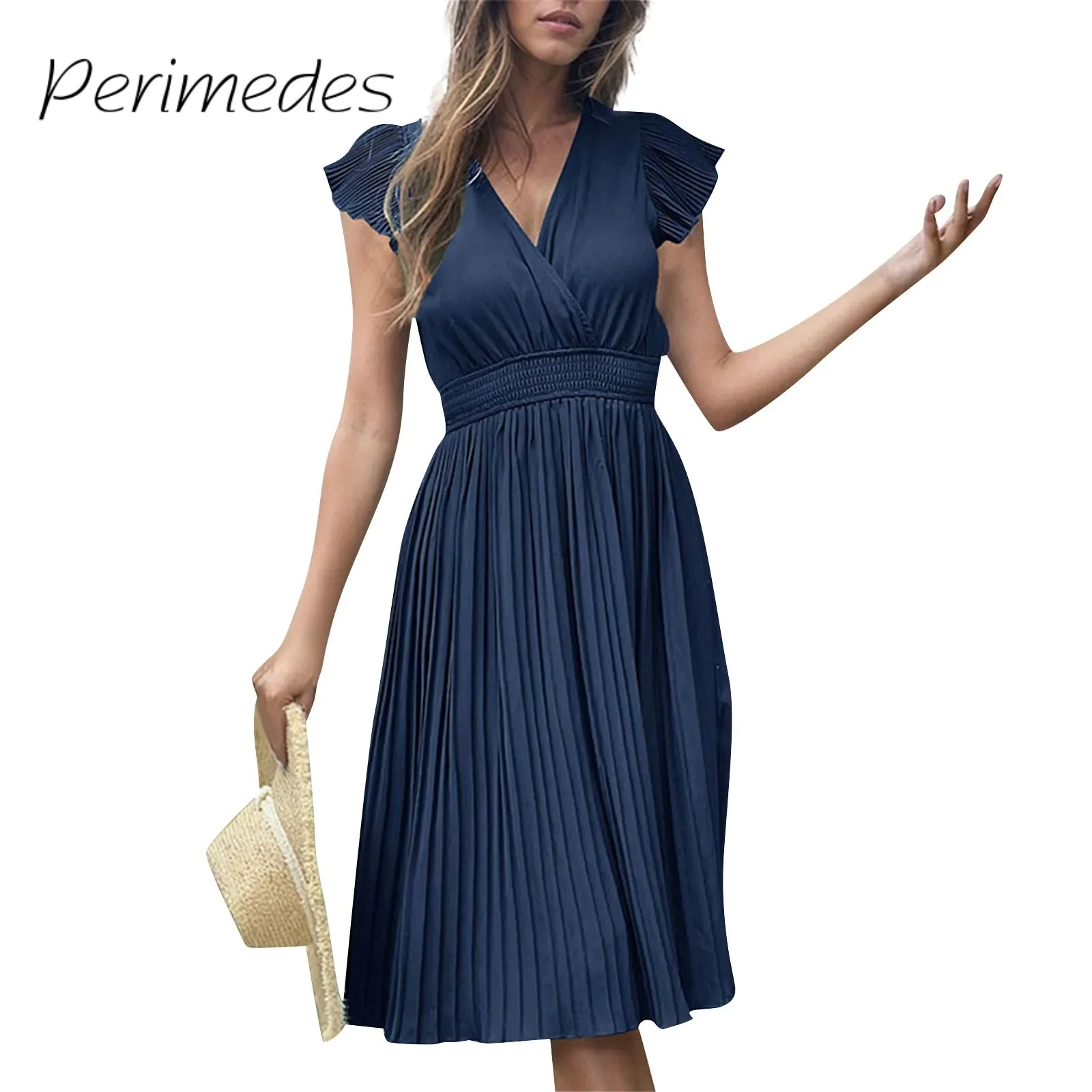 

Women'S Summer Dress Solid Color 2024 Pleated Stretchy Short Sleeved V-Neck Dress Women'S Hundred Pleats Dress Fashion Vestidos