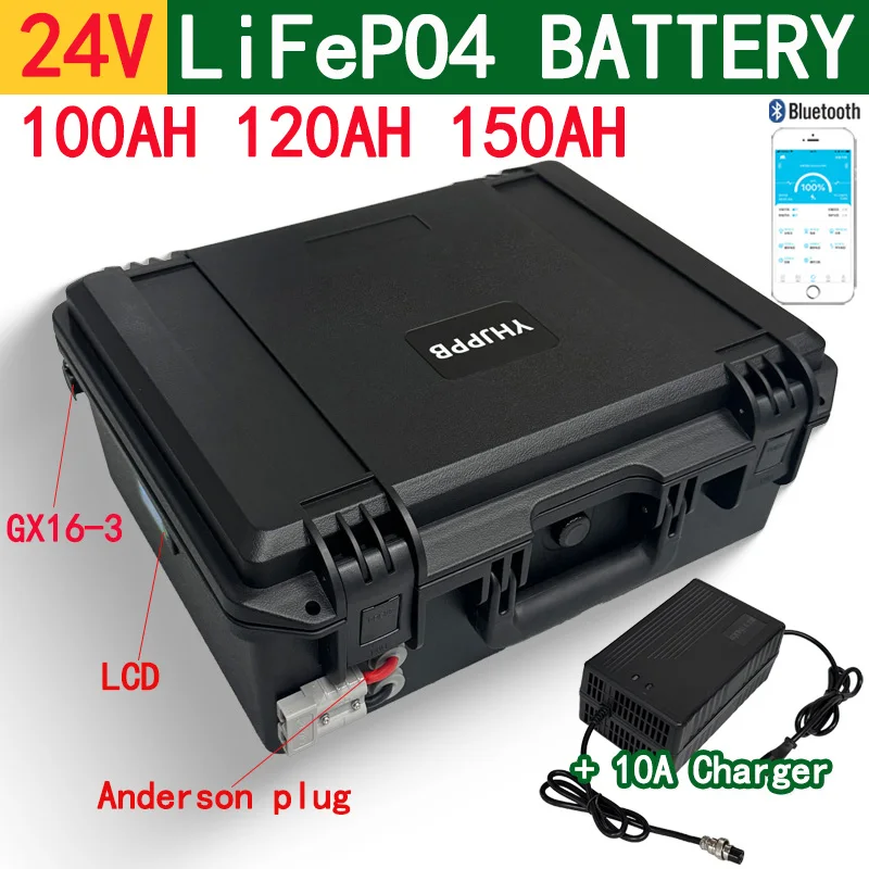 

24V 100Ah 120AH 150AH Lifepo4 lithium iron phosphate battery pack bluetooth BMS for boat Anderson output, motore
