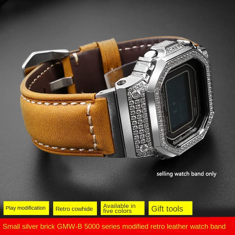 Leather strap suitable for casio small square gold brick silver brick GMW-B5000 series modified vintage leather watch strap