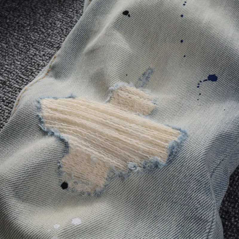 Streetwear Fashion Men Jeans Retro Washed Light Blue Stretch Slim Fit Painted Ripped Jeans Men Vintage Designer Denim Pants