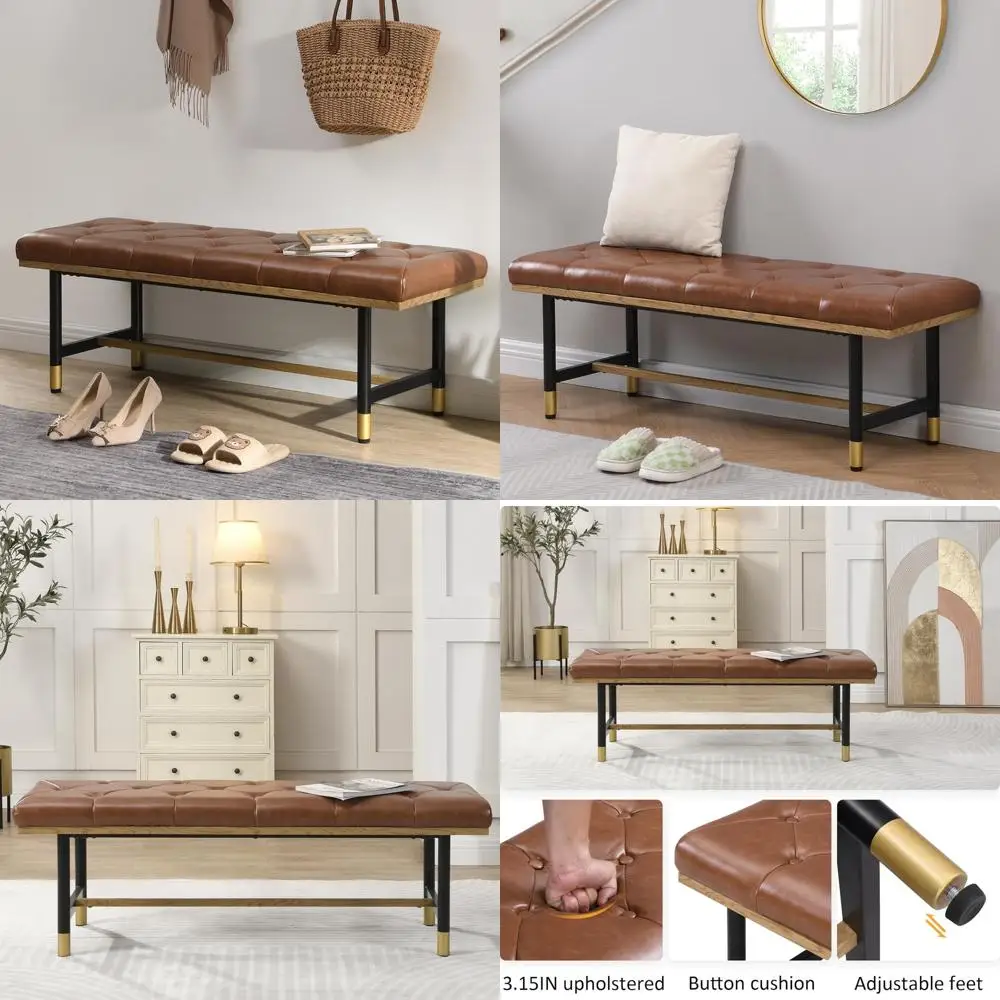 

Brown Faux Leather Storage Bench for Living Spaces and Bedrooms, Metal Shelf Accent, Padded Seat, Ideal for Entryways