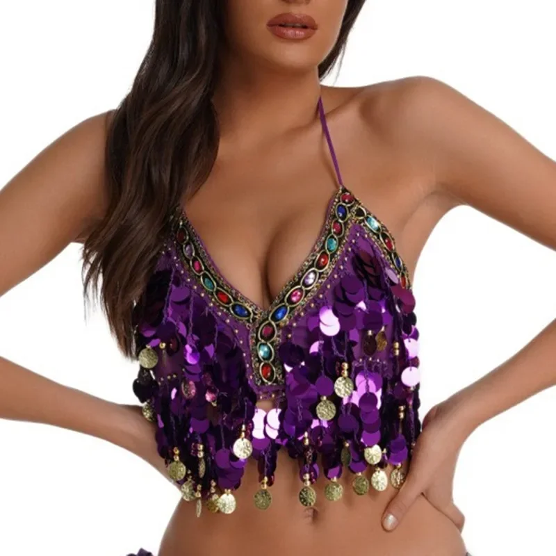 Sexy Sequin Colored Diamond Halter Crop Top Belly Dance Tassel Bandage Tank Top Strappy Backless Party Shinny Beach V Neck Vest