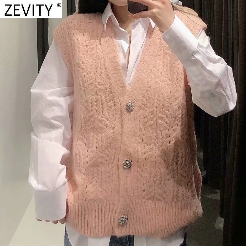 Zevity moda damska V Neck Hollow Out szydełkowy sweter z dzianiny damskie bez rękawów diamentowe o kroju kamizelki zapinanej na guziki rozpinane