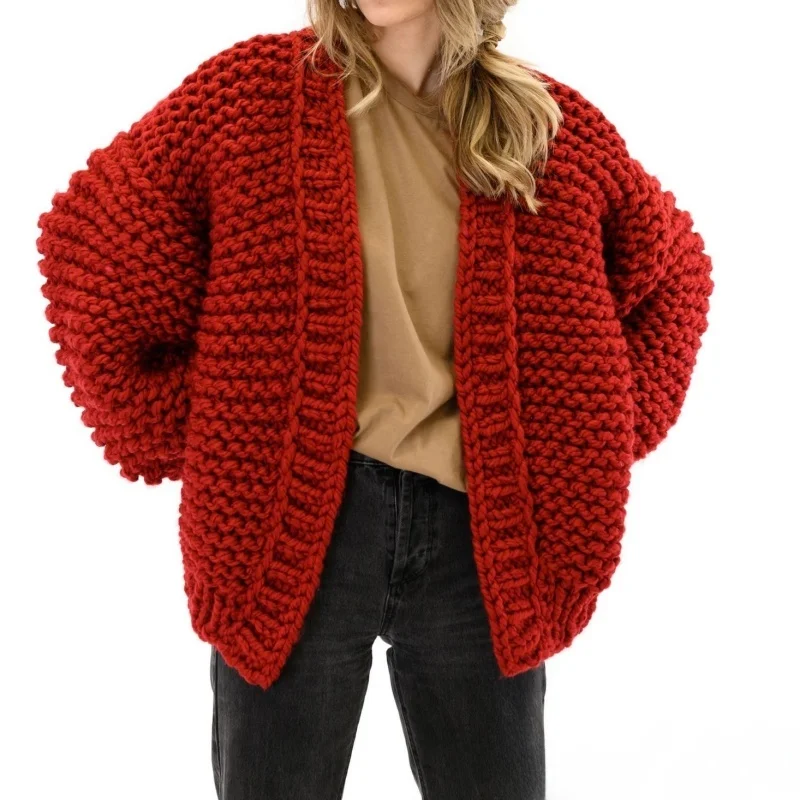 

Hand Knitted Thick Warm Lazy Style Women's Outerwear Autumn Winter Fashion Soft Knit Sweater V Neck mid Length Cardigan