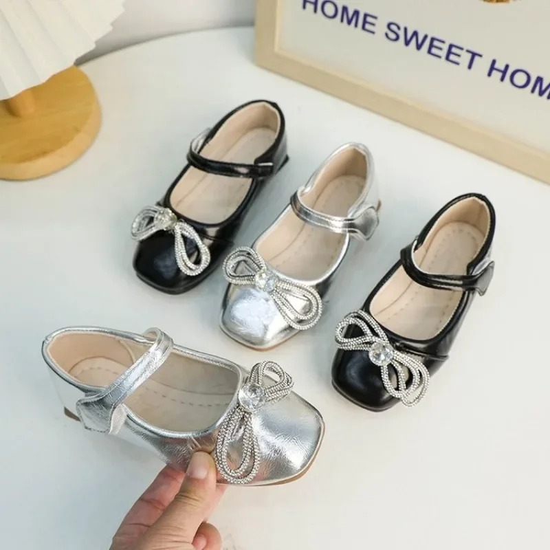 Kids Leather Shoe Simple Solid Color Princess Shoes for Girls Causal Versatile Children Fashion Shallow Flat Shoes Silver Chic