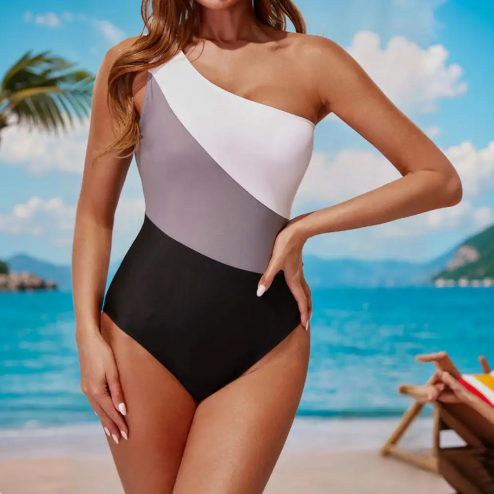 Hollow Back Swimsuit Belly-closing Swimsuit Stylish One-shoulder Monokini with Removable Pad Color-blocking Beach for Vacation