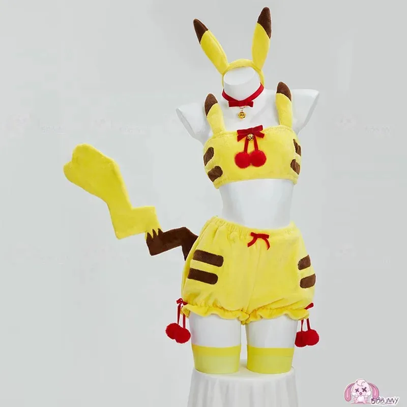 

Pikqiu Cosplay Derivative Sexy Lingerie Set Plush Loungewear Homewear Kawaii Fluffy Short Top and Shorts with Headband Tail mb.3