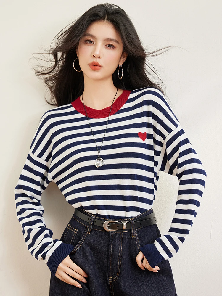 Damski luźny sweter z dzianiny w paski O-Neck z długim rękawem swetry z dzianiny eleganckie topy moda kobiece topy na co dzień