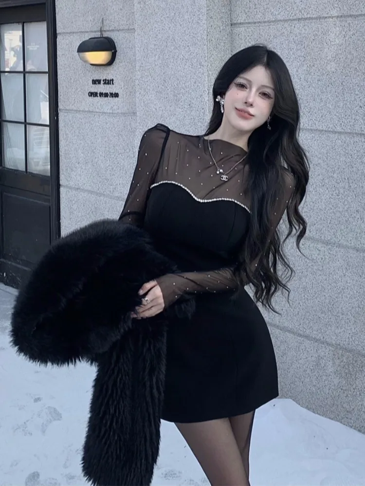 

Fashionable Korean Style Short Dress Women's High Waist Slimming Mesh Insert Bridesmaid Dress Commute Style Long Sleeve