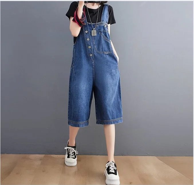 Jeans Suspender Longgar Jumpsuit Jeans Tanpa Lengan Wanita Overall Denim Pakaian Jalanan Musim Panas Baru Celana Pendek Denim Kaki Lebar Solid Longgar
