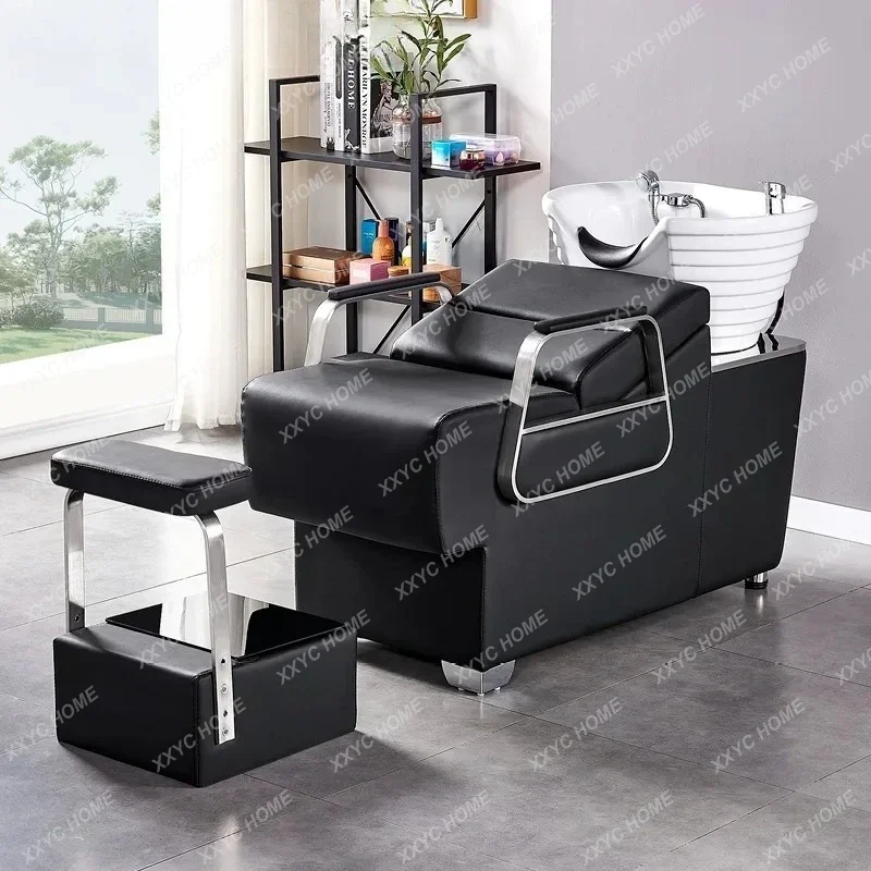 Stainless steel shampoo bed, special ceramic basin for hair salon, semi-lying flush bed