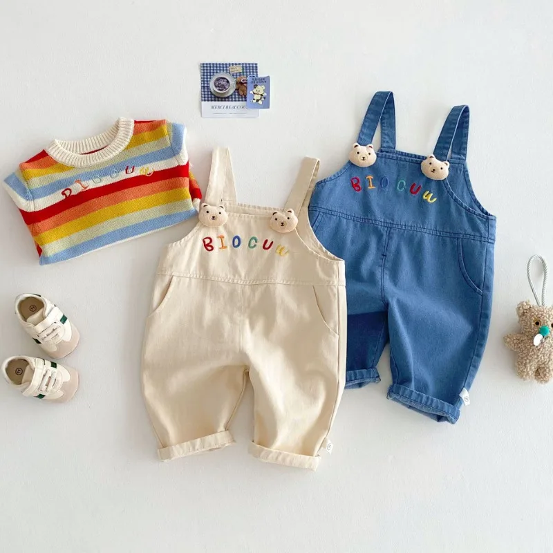 New Spring Kids Overalls 0-5T Cartoon Letters Embroidery Boys Suspenders Pants Girls Loose Casual Jeans Children's Jumpsuit