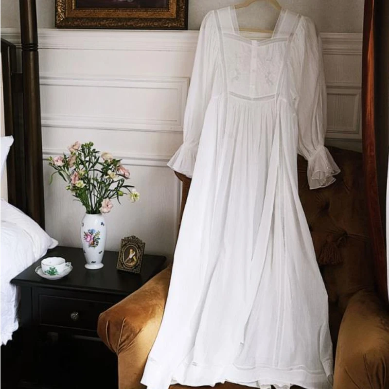 Vintage Embroidered Cotton Nightgowns Women Spring Autumn Princess Sleepwear Lace Peignoir Nightwear Victorian Long Night Dress