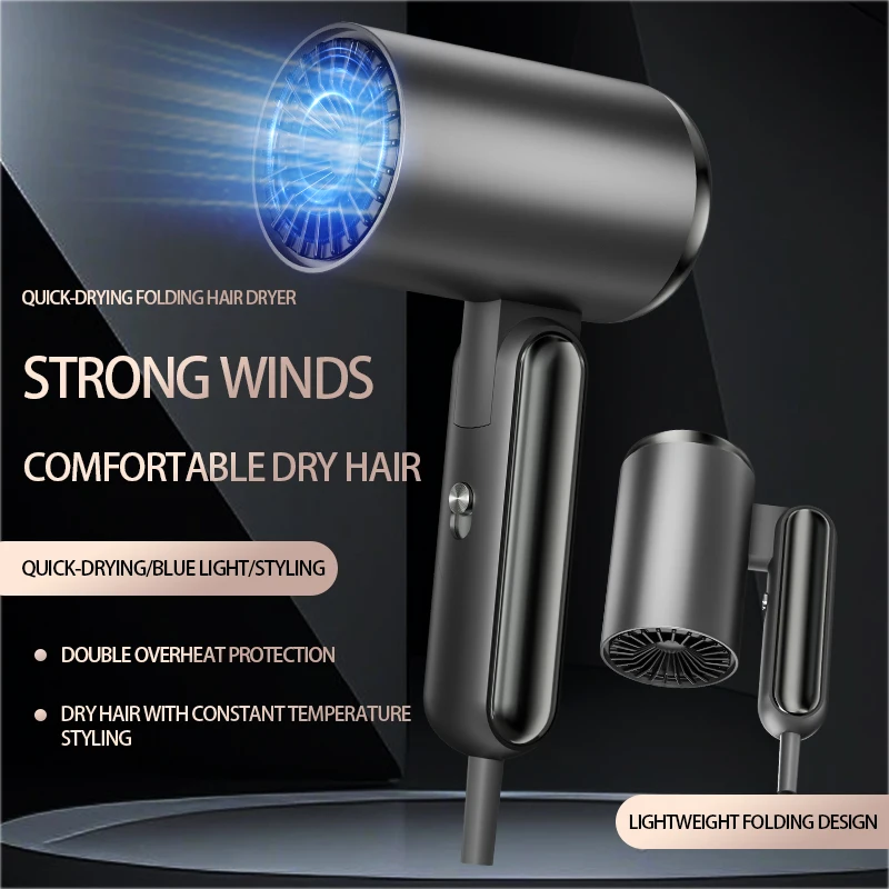 مجفف شعر بمقبض قابل للطي مع غطاء رأس كبير، مجفف شعر بالأيونات السالبة عالي الطاقة للاستخدام المنزلي، سريع الجفاف والعناية بالشعر