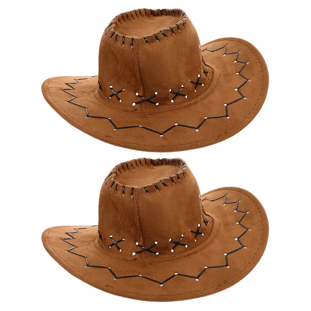 

2pcs Western Cowboy Hat Vintage Style Breathable Sun Protection Wide Brim Cowgirl Cap For Party Outdoor Travel