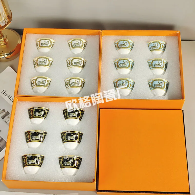 

Light Luxury Minimalist European Ceramic Six Small Tea Cups with Gold Rim for Living Room and Office