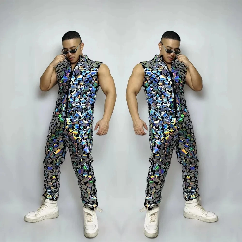 Reflective Laser Sequins Sleeveless Jumpsuit Mirror Overalls Men Singer Bar Nightclub Hip Hop Dance Costume Sexy DJ Stage Wear