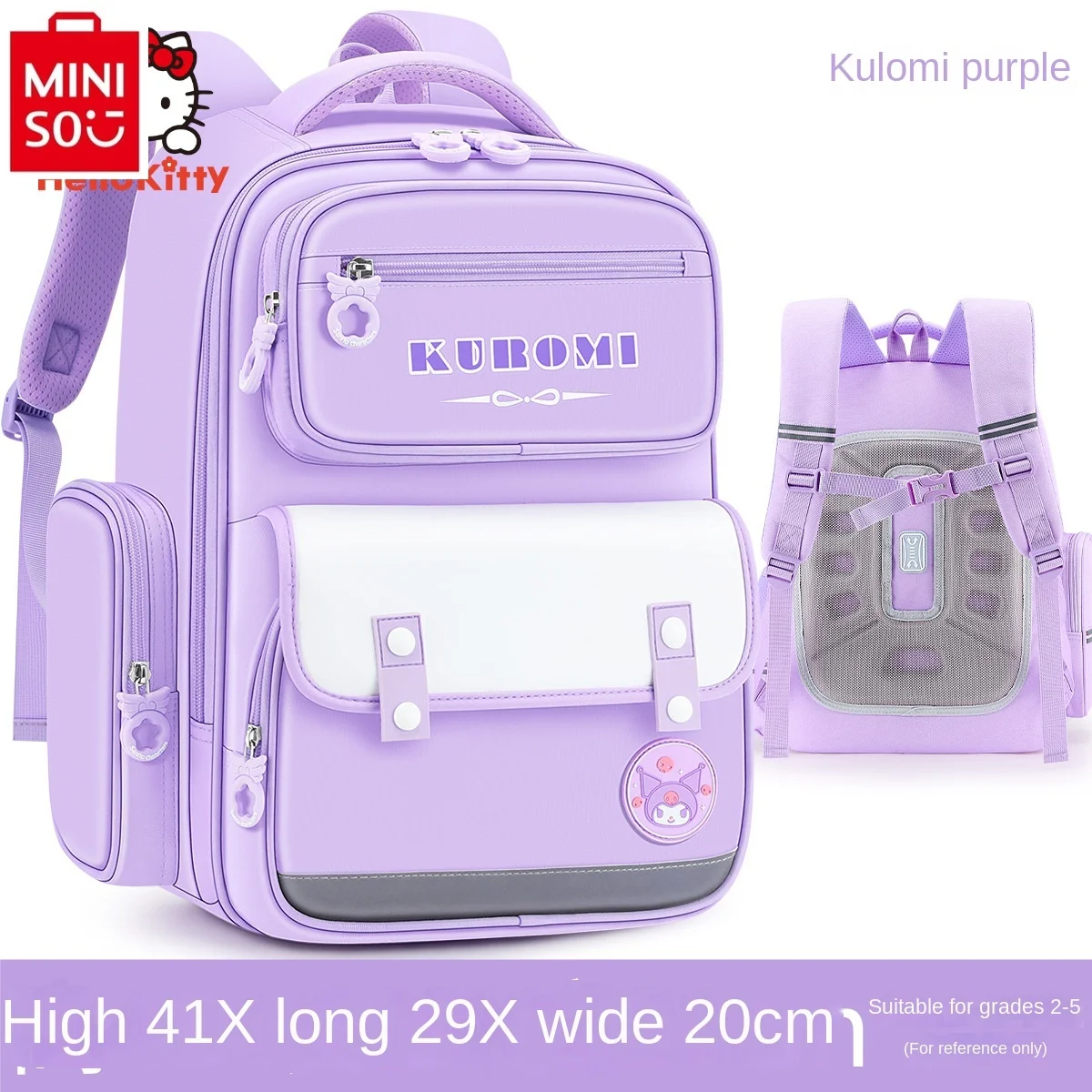 MINISO-Mochila de armazenamento leve para estudante, bonita mochila dos desenhos animados de Kuromi, redução de carga multifuncional, alta qualidade autêntica, nova, 2024