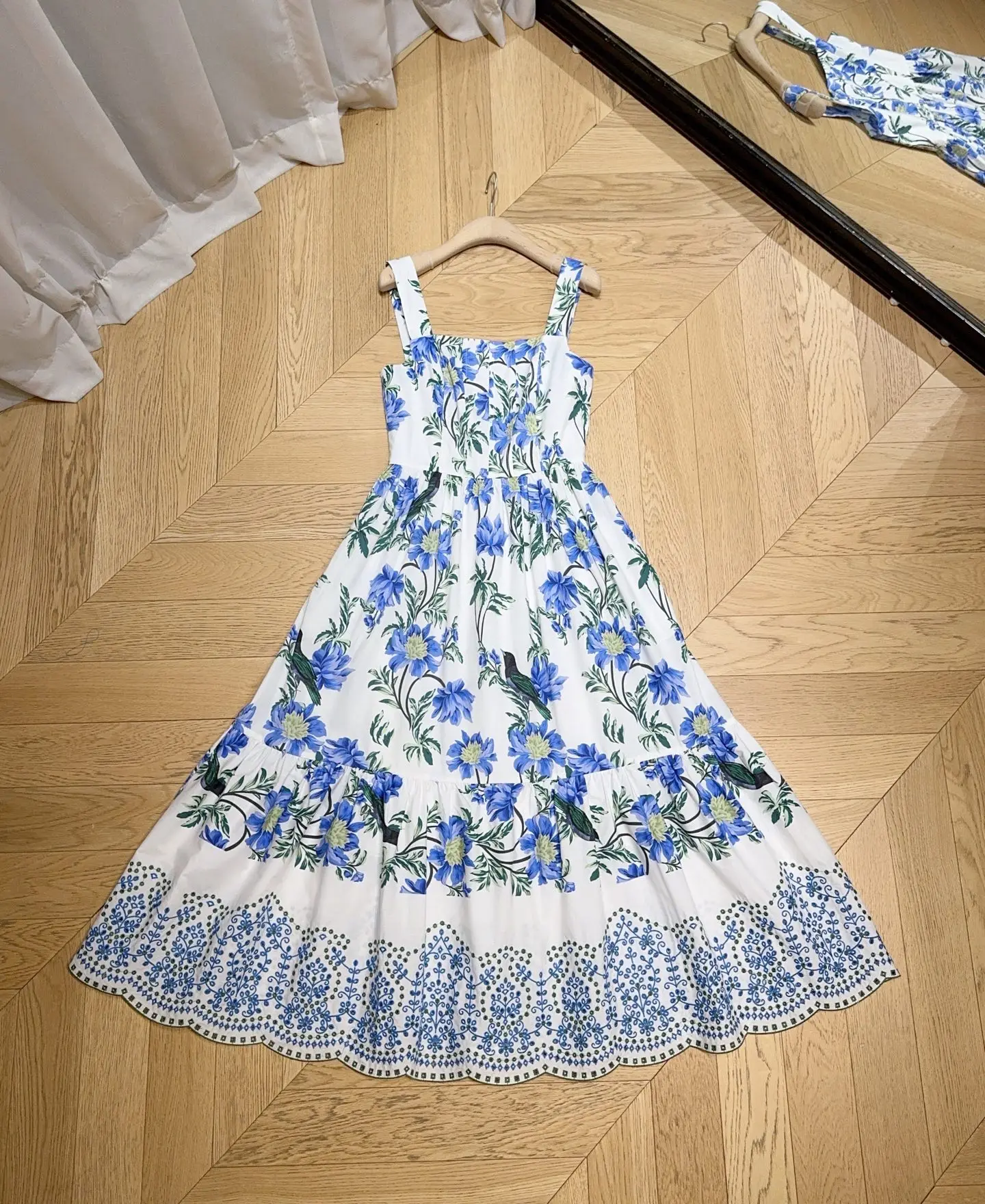 2026 Summer New Blue-Purple Floral and Green Leaf Bird Print Dress