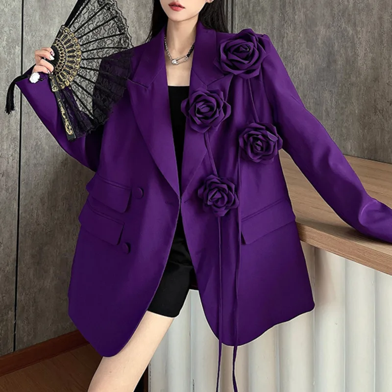 [EWQ] Purple 3D Flower Design Long Sleeve Blazer Coat Fashion All-match Chic Loose Women Suit Coats 2024 Autumn New Tide 16O2904