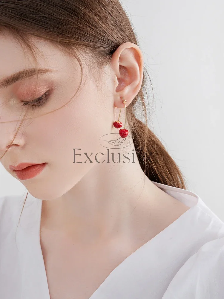 Red Cherry Earrings Fruit Earrings Temperament Fashion Round Face Square Face Earrings