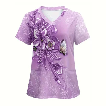 Chirurgische Uniformen Frau Sommer Fashion Floral Print Mikroelastische V-ausschnitt Zahn Krankenschwester Casual Kurzarm Klinische Uniform Frau