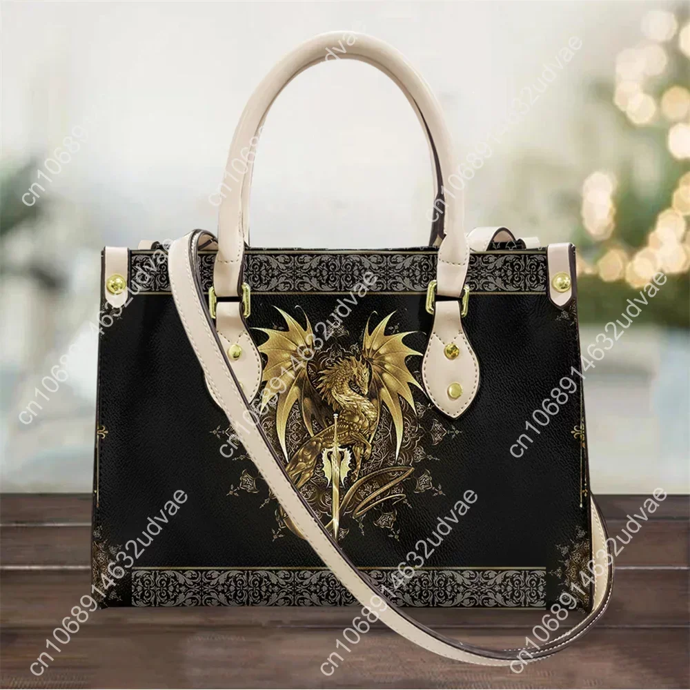 

Women's Top-handle Bags Golden Dragon Printed Messenger Bags Handbag Luxury PU Leather Wallets Small Female Shopper Bag Fashion