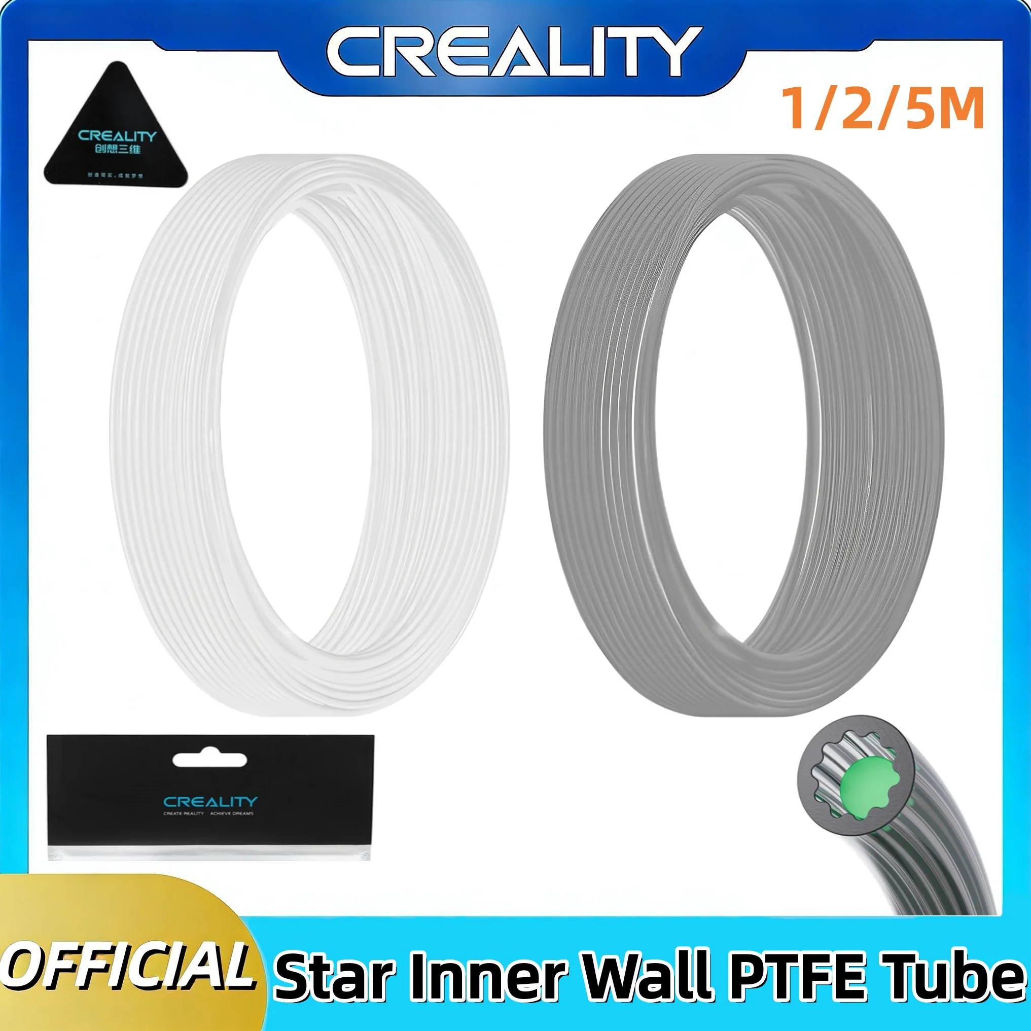 Tubo PTFE de Baixa Resistência Atualizado da Creality, Suporta até 260°C ° C(1/2/5M) – Canal em Forma de Estrela para Fluxo Ultra Suave, 30% Menos Resistência