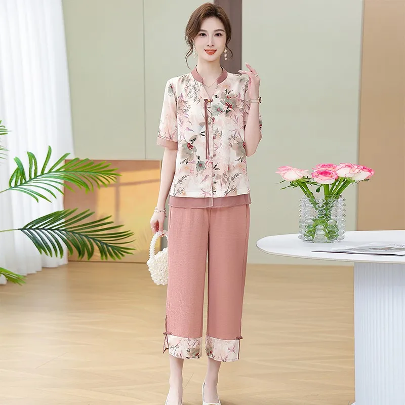 Women's Printed Casual Suit  Summe Loose Thin Close The Waist Corp Top And Wide Leg Pants Two Piece Set For Women Middle Age