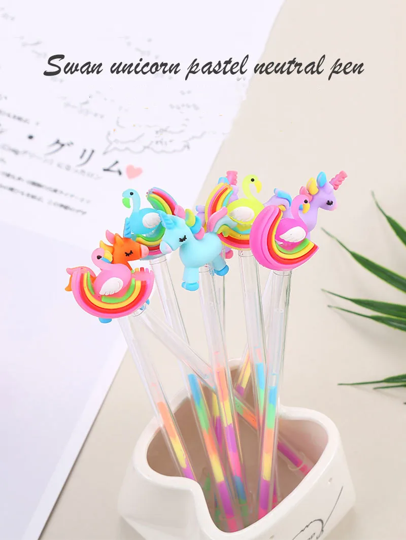 10Pcs/Lot Creative Cute Pastel Gel Pen Cartoon Swan Pony 7 Colors highlighter Cute Unicorn Stationery Supplies School Office Pen