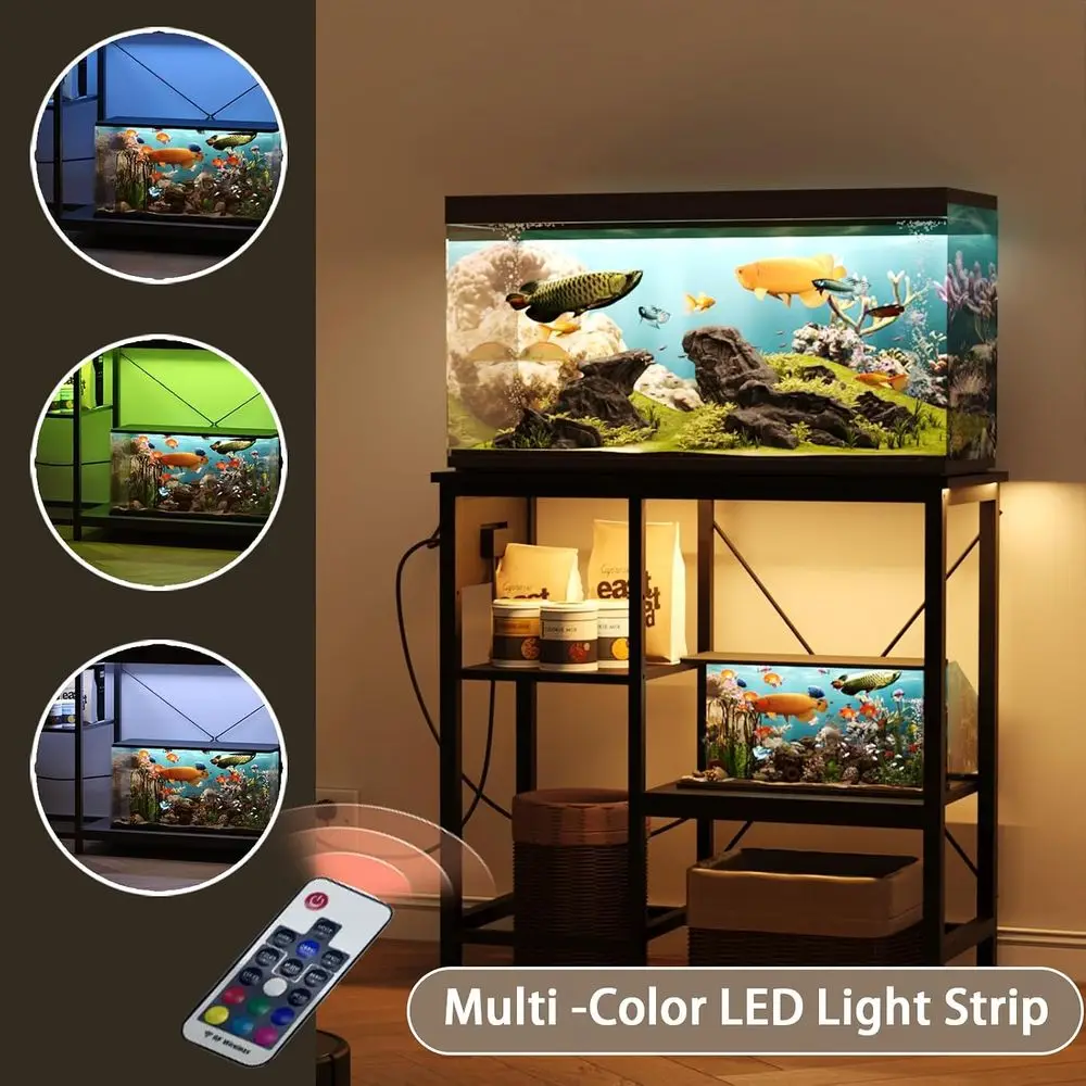 Metal Stand for 20-29 Gallon Aquariums with Adjustable Shelves, Power Outlet, and LED Light, Suitable for Reptiles and Turtles