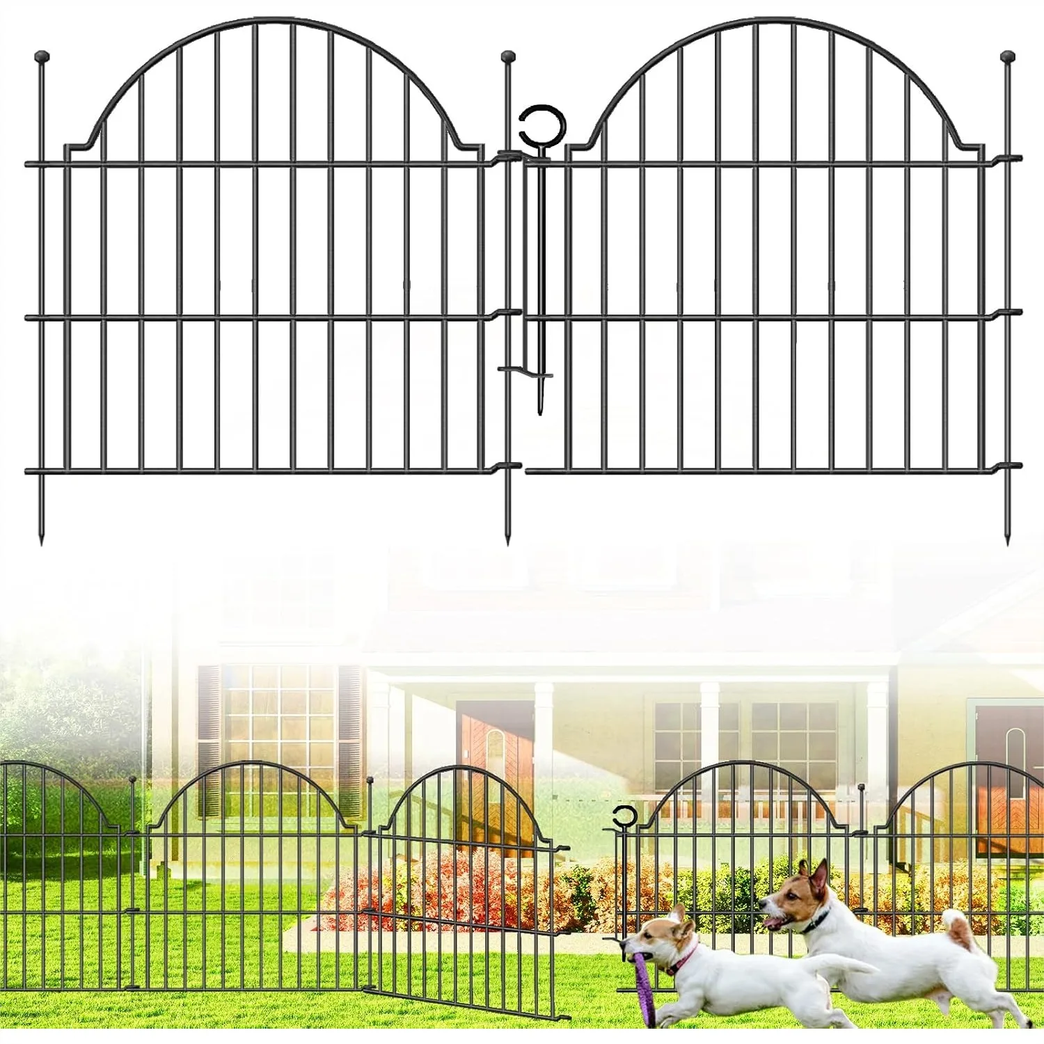 

Decorative Metal Garden Fence with Gate Lock, 5 Panels 24in H x 10ft L, No Dig Rustproof Dog Fence for Yard
